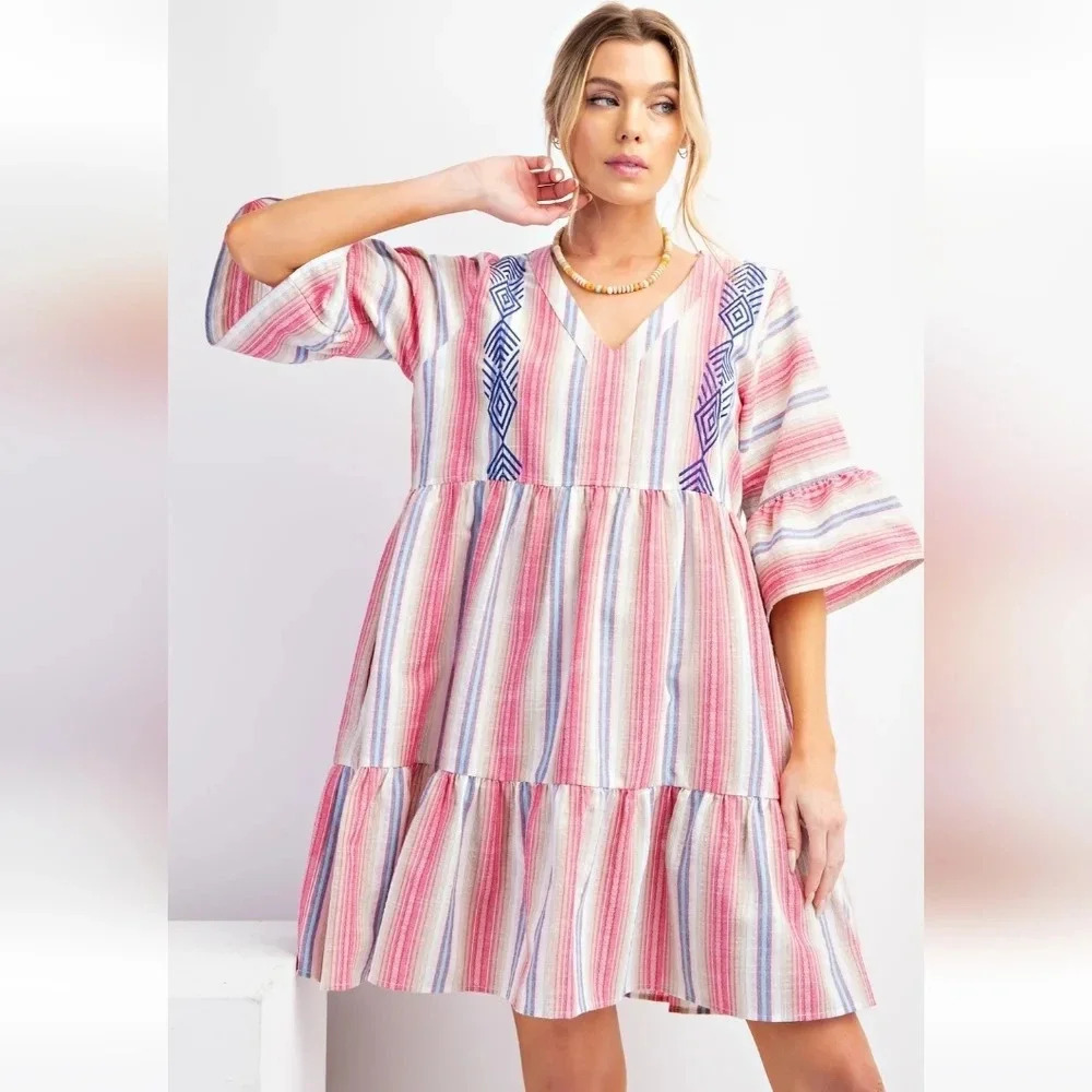 New Easel Pink Striped Poly Linen Ruffle Bottom Dress - Picture 4 of 5